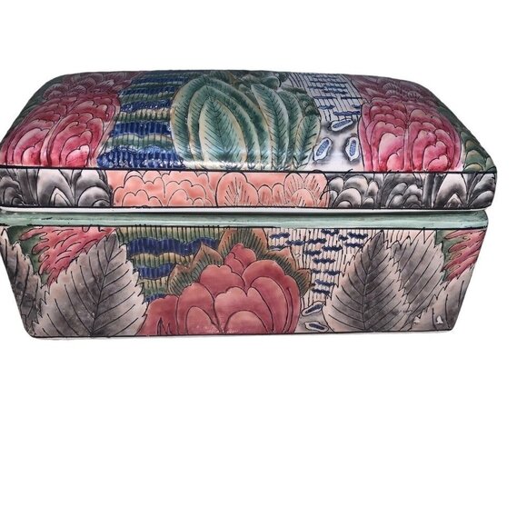 Oriental Accents Asian Inspired Ceramic Box Rectangular Floral Design Glazed - Picture 3 of 7